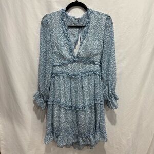 Deep V Ruffle Long Sleeve Mini Dress Open Back Sheer Leopard Print Layered Skirt